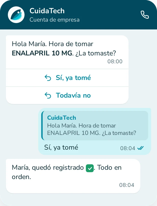 Chat de WhatsApp con el recordatorio de la toma de las 08:00