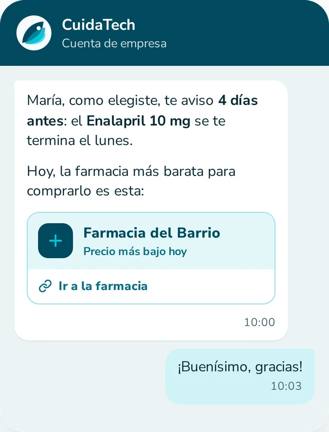 Aviso de reposición con el link a la farmacia más conveniente